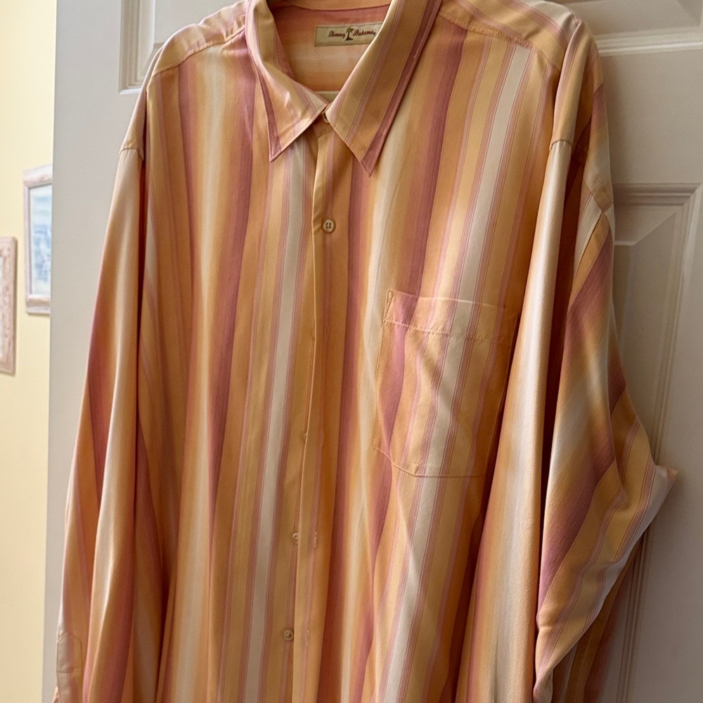 Tommy Bahama Men's Pink and Yellow Striped Shirt